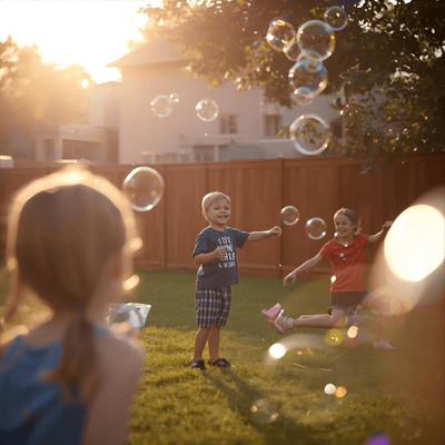 Kids with bubble machine summer