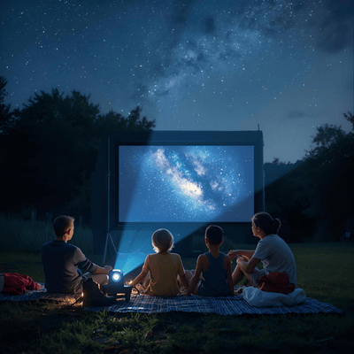 Family with portable projector summer 